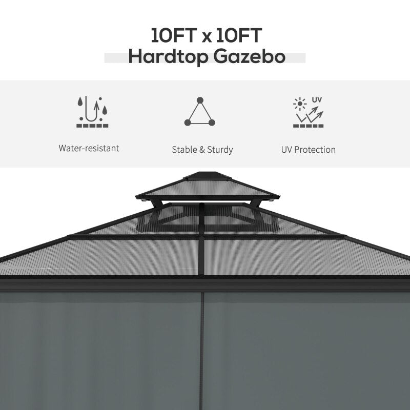 10x10 Hardtop Gazebo with Aluminum Frame, Polycarbonate Gazebo Black - My Shaded Yard