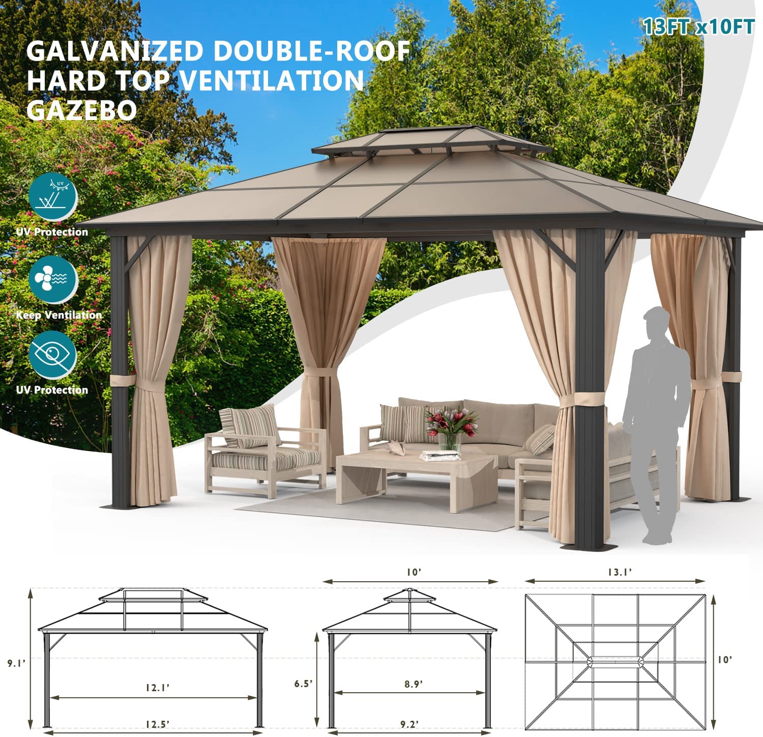 13' x 10' Hardtop Gazebo, Outdoor PVC Double Roof Canopy, Aluminum Frame - My Shaded Yard