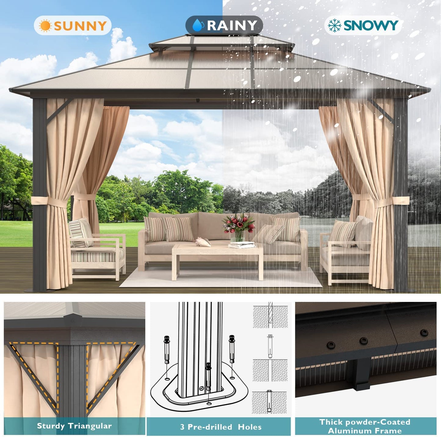 13' x 10' Hardtop Gazebo, Outdoor PVC Double Roof Canopy, Aluminum Frame - My Shaded Yard