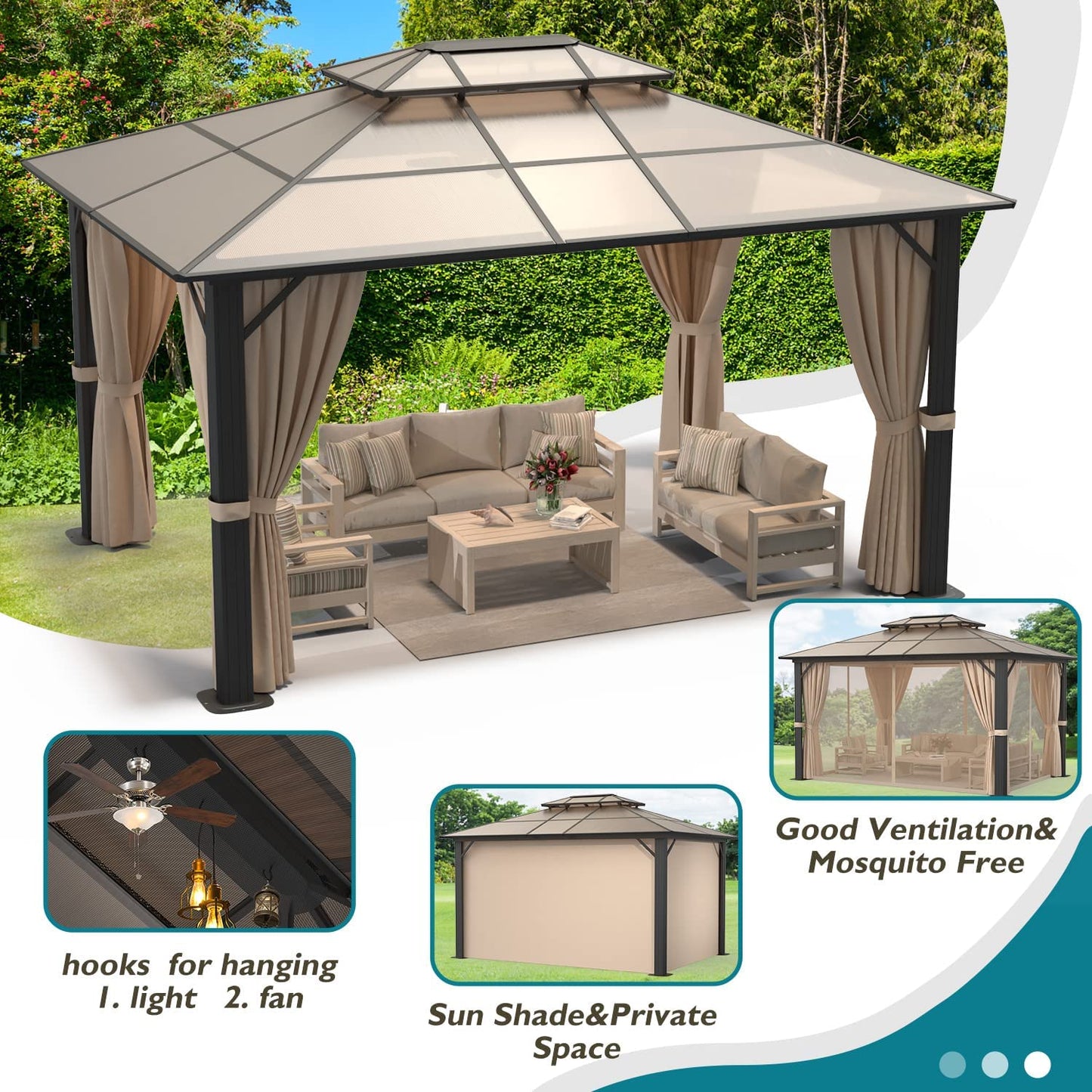 13' x 10' Hardtop Gazebo, Outdoor PVC Double Roof Canopy, Aluminum Frame - My Shaded Yard